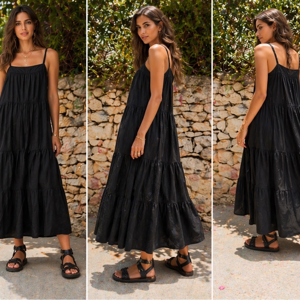 Women’s Black Maxi Tiered Sundress with Spaghetti Straps
